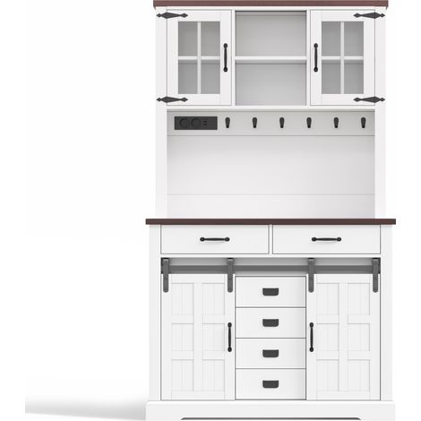 Buffet en MDF blanc avec LED, prises intégrées, 6 tiroirs et étagères réglables, 180 x 108 x 40 cm (1/5)