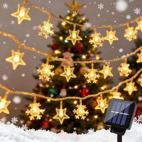 Guirlande Lumineuse Étoile Solaire Noël, 6.5m 30 Led Flocons De Neige Guirlandes Lumineuses Étanche 8 Modes, Décoration Pour Extérieure, Jardin, Fête, Mariage, Anniversaire, Blanc Chaud [Classe Énergé