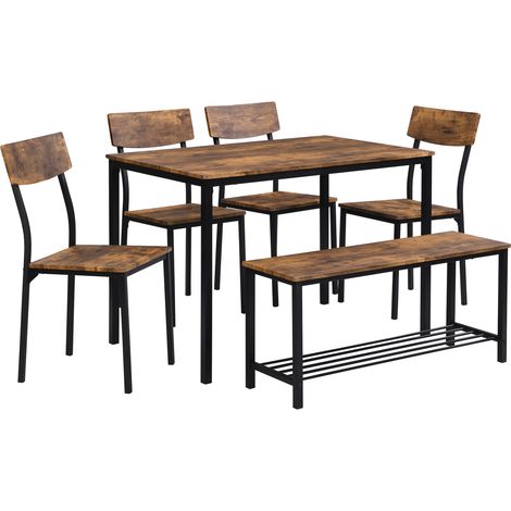 Ensemble table à manger avec 4 chaises et banc, plateau bois, cadre acier noir, style industriel (1/5)