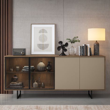 Sideboard Rivarone, 3 Böden, Schwenktür, 4 Türen, 200x40x87h cm Beige (1/4)