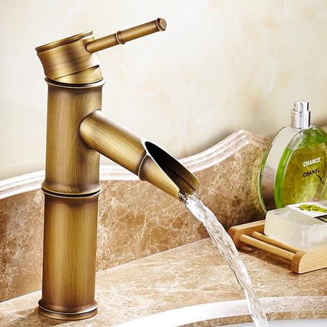 Ensemble de robinets en bambou à deux sections avec extrémités cassées (1 pièce), robinet mitigeur d'évier style cascade, robinet mitigeur de lavabo, robinet d'eau chaude et froide monotrou en option