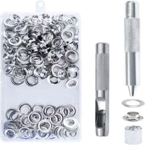 100pcs Kit de Grommets Eyelets Outils, 10mm Oeillets pour Baches, Trousse à Oeillets, Grommet Kit avec 3 Pièces Outil, Oeillets pour Bâche, Chaussures, Vêtements, Tentes