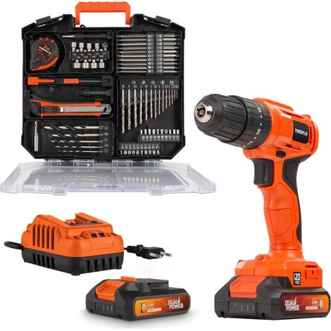 Dual Power Perceuse à Percussion sans Fil POWDPO1150- 3 en 1, Perceuse Batterie de 20 V et 30 Nm, incl. 2 Batteries 2.0 Ah