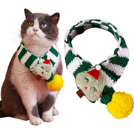 Sciarpa natalizia per animali domestici, sciarpa natalizia a righe verdi e bianche, per animali di piccola taglia, simpatico motivo a cartone animato con albero di Natale, sciarpa a righe verdi (1/5)