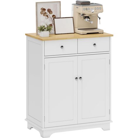 Buffet bas avec placard à 2 portes, étagères réglables et 2 tiroirs, blanc et bois (1/5)