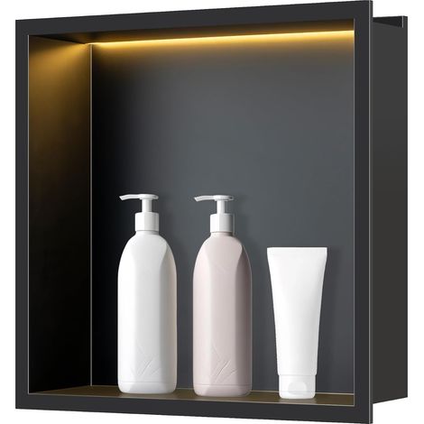 Niche de Douche en Acier Inoxydable avec Lumière LED 30x30x10cm,Noir Mat Niche Murale pour Salle de Bain,Niche étanche avec Blanc Chaud 3000K LED,Niche Encastrable Salle de Bain (1/5)