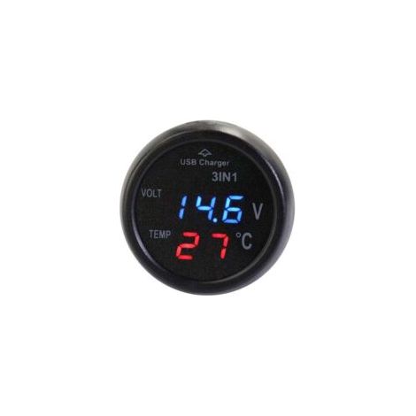 Caricabatterie da auto USB 3 in 1, impermeabile, per auto/moto, con voltmetro/caricabatterie/termometro a LED 12V-24V - Crezuo