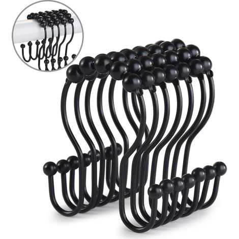 Crochets pour rideaux de douche, 12 anneaux pour rideaux de douche, double crochets pour rideaux de douche en acier inoxydable, antirouille, à glissement équilibré et anti-chute (noir) (1/5)