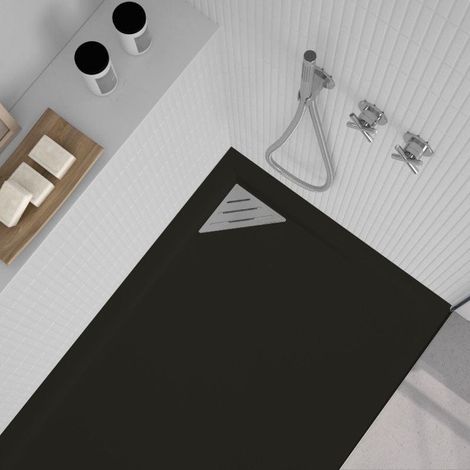Receveur de douche 70x90 cm extra plat TRINITY noir en résine minérale grille à Gauche (1/4)