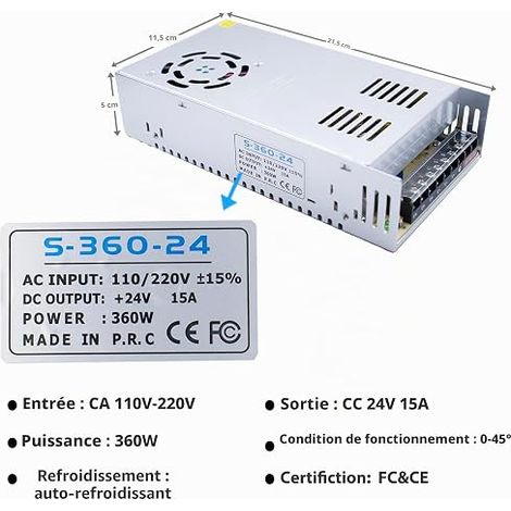 Switching Power Supply 24V 15A 360W LED Transformer 360W Switching Power Supply AC 110V/220V to DC 24V 15A Switching Converter for LED Strips, LED Lights (1/4)