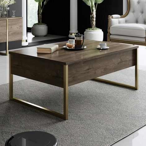 Table basse rectangulaire effet bois foncé, pieds dorés JENA