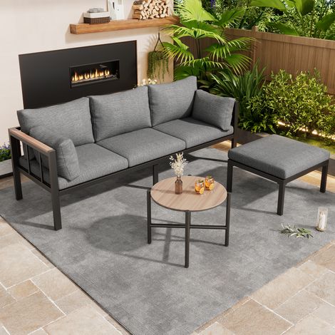 Gartenmöbelset für 3 Personen, Sofa + Couchtisch + Fußhocker, Gestell aus verzinktem Stahlrohr, Glasplatte, Grau