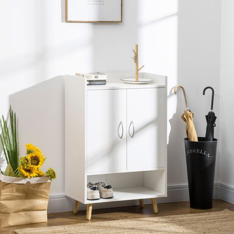 Armoire à chaussures en bois blanc avec étagère ouverte, meuble d'entrée gain de place, design moderne, 60x30x92 cm (1/5)