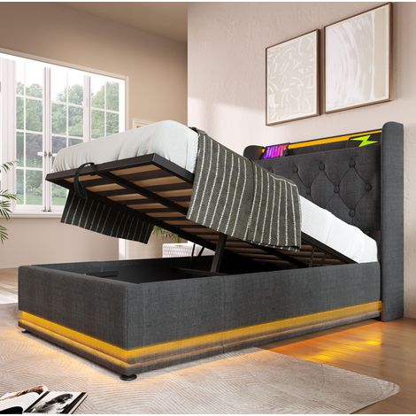 Letto imbottito in lino grigio 90x200 cm con contenitore idraulico, LED 360°, USB e Type-C, rete a doghe inclusa (1/5)