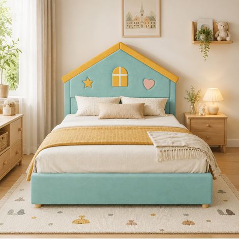 Cama infantil 140x200 cm tapizada azul verdosa con 4 cajones, cama casa de terciopelo (1/5)