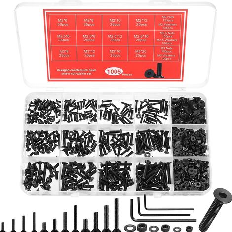 M2 M2,5 M3 Vis Boulons et Écrous et Rondelles Set, Vis à Tête Fraisée à Six Pans Creux, Boulons à Tête Creuse Hexagonale, Vis à Tête Plate Assortiment Kit (1005, Noir, M2,M2.5,M3) (1/5)