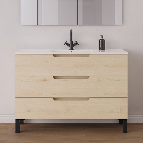 Meuble de salle de bain 120cm simple vasque - 3 tiroirs - sans miroir - roble calima (bois clair) - RIZA (1/5)
