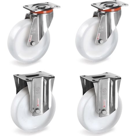 Lot de 4 roulettes INOX pivotantes et fixes plastique blanc 100 mm - 600 Kg (1/3)