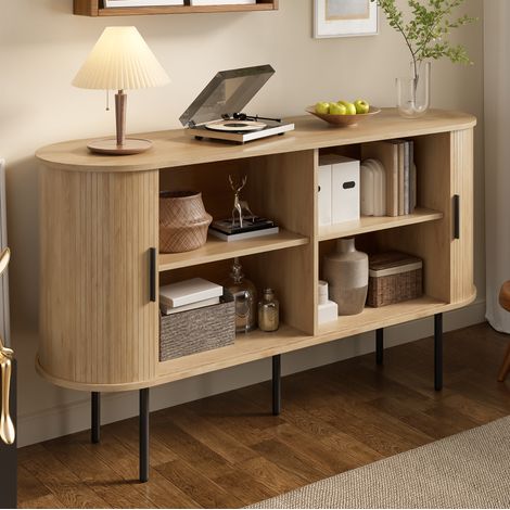 Aparador de MDF natural 140 x 40 x 78 cm con puertas correderas tipo persiana y patas de hierro (1/5)