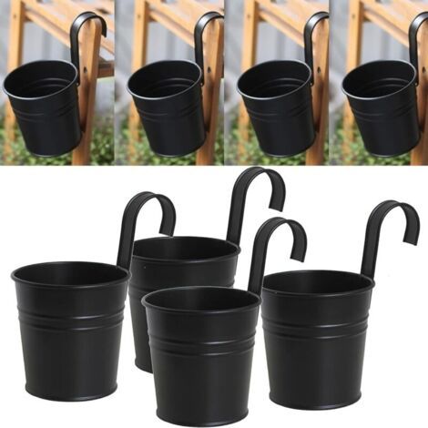 Lot de 4 pots de fleurs à suspendre en métal noir avec crochet amovible pour extérieur, intérieur, clôture, balcon, jardin, décoration de la maison