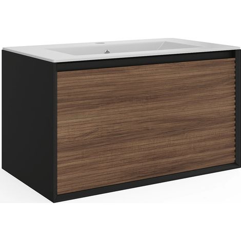 Mobile per bagno sospeso con scanalature e lavabo da incasso 80 cm Naturale scuro e Nero - BANIVA (1/5)
