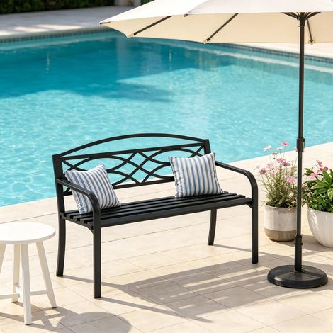 Panchine da giardino con schienale, design traforato, nero, 127.5x59.5x83 cm