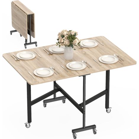 Table pliante mobile à 6 roues avec freins, idéale pour les petits espaces, en chêne. (1/5)