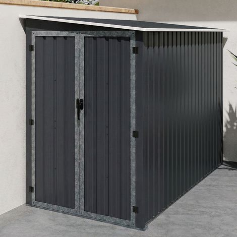 Caseta de jardín adosada de acero galvanizado gris de 3 m² con base de doble puerta lateral