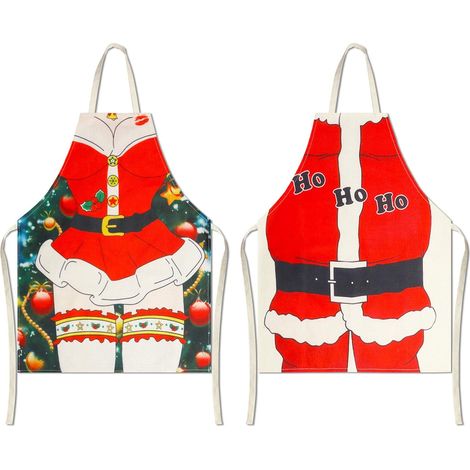 2pcs Tabliers de Noël en Lin pour Femme Homme Tabliers de Cuisine de Noël Père Sexy pour Adulte Noel Drôle Dîner de Famille Cuisson Barbecue (1/5)