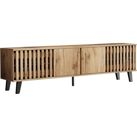 Meuble tv 180x40x55 cm avec buffet 150x40x95 cm bois naturel, 8 compartiments et 6 niches, grand rangement, design moderne salon (1/5)
