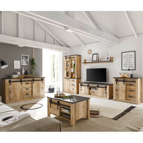 Wohnzimmer Komplett Set SHELTON-61 in Old Style hell Nb. mit anthrazit, B/H/T: ca. 570/201/43 cm (1/5)