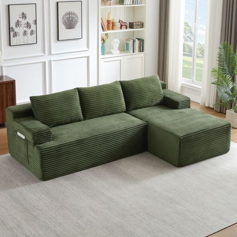 Canapé d'angle L 4 places 238x152 cm modulable - Assise profonde style Cloud avec ressorts ensachés - Velours côtelé Vert (1/4)