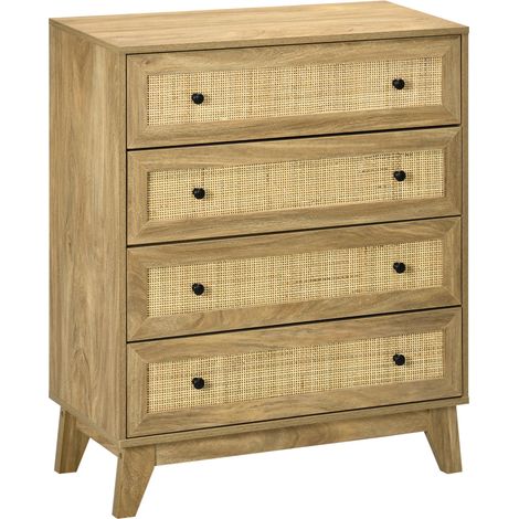 Commode à 4 tiroirs, en bois avec façades en rotin, style Cannage, pour chambre, 80 x 35 x 95 cm, naturel (1/5)