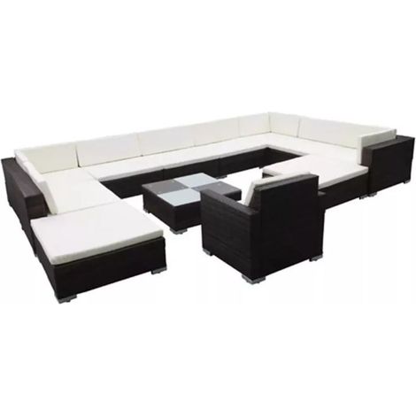 Salon de jardin 12 pièces résine tressée marron coussins blanc Kim (1/3)