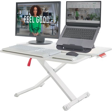 Station de Bureau Debout avec Plateau Coulissant, Support Réhausseur Ajustable pour Écrans, Moniteurs et Ordinateurs Portables, 800 x 420 mm, Blanc / Gris, 65320085 (1/5)