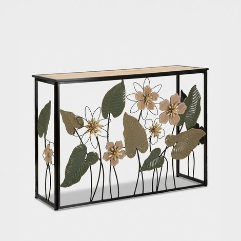 Console ressort métal noir plateau bois design floral (1/5)