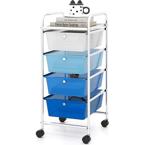 GOPLUS Desserte à Roulettes avec 4 Tiroirs Coulissant, 37 x 32 x 76 CM, Chariot de Rangement à Roulettes Universelles, Cadre en Acier, Poignée Latéral Pratique,pour Maison, Bureau, École (Bleu) (1/5)