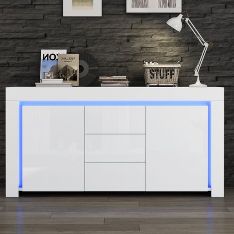 Credenza 140x40x65 cm con 2 ante, 3 cassetti e illuminazione LED, bianca (1/5)
