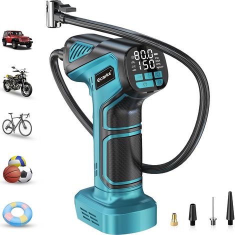 Compresseur sans fil 18V compatible Ma kita – Pompe à air portable avec écran numérique, tuyau prolongateur et embouts – 10bar max, idéal voiture, vélo, moto, ballon – Sans batterie (1/5)