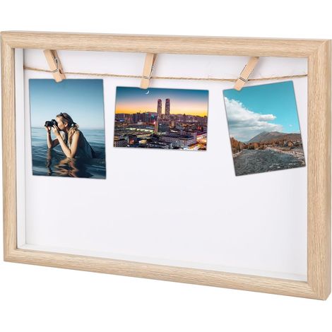 Marco de fotos de madera DIY - Con correa y pinzas de madera - Formato horizontal - Para el hogar, la cocina y la oficina - Colgante decorativo - 21 x 30 cm (1/5)