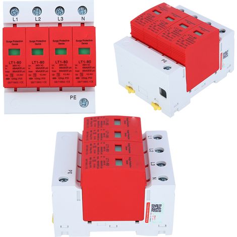 Parafoudre 4P LT1‑80, module de protection 80 kA, dispositif de protection contre les surtensions, parafoudre rouge. (1/5)