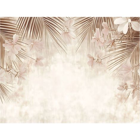Papier peint avec motif de feuilles de palmier sur fond de béton beige, style ethnique, pour la décoration des murs du salon ou de la chambre à coucher – 200 x 140 cm Wallarena
