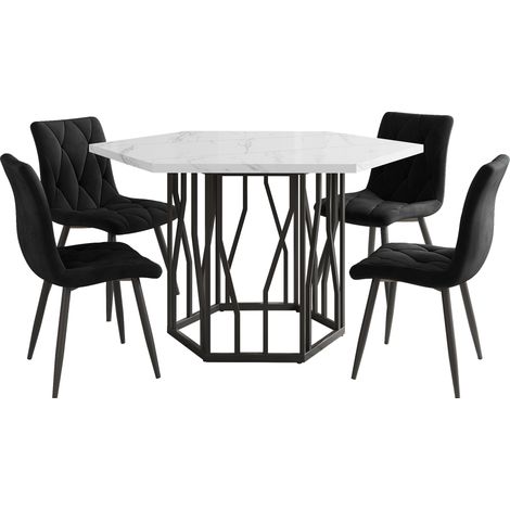 GagaTable à manger hexagonale marbre, 4 chaises velours noir (1/5)