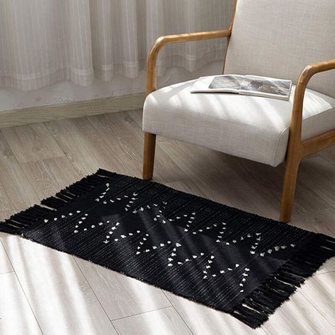 Moderner, handgewebter Baumwollteppich mit Quasten, waschbar, für Schlafzimmer, Wohnzimmer, Küche, schwarz, 60 x 90 cm