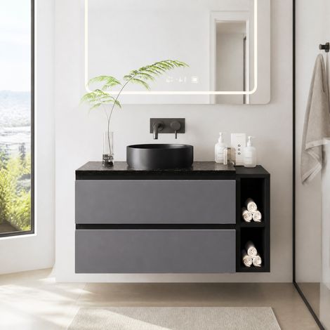 Meuble de salle de bain suspendu 80 cm avec vasque en céramique, noir et gris DESVIAE (1/5)
