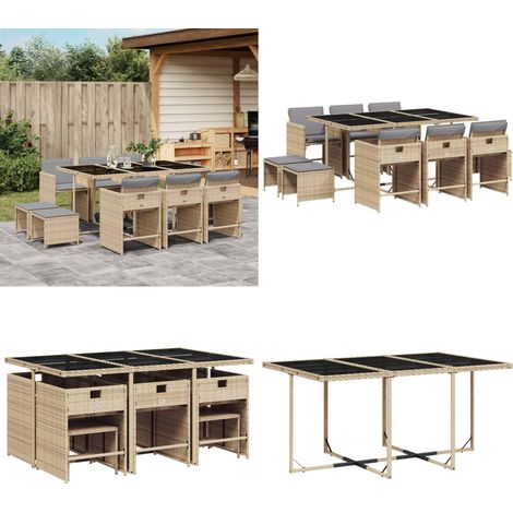 11-tlg. Garten-Essgruppe mit Kissen Beigemischung Poly Rattan - Gartenmöbel Set - Essgruppenset - Gartentisch - Gartenstühle - Gartenhocker - Home & Living