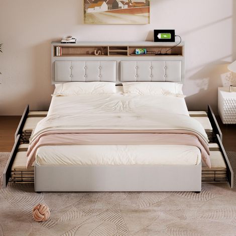 Lit double avec 4 tiroirs et prise USB C, lit rembourré 140x200cm, tête de lit réglable en hauteur, sommier à lattes en bois (sans matelas), garantie 2 ans