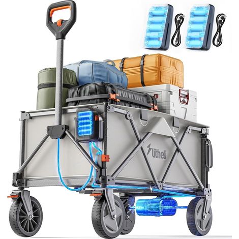 Chariot électrique Pliable avec pneus Tout-Terrain de 20 cm, capacité de 200L, Charge maximale de 60 kg, 2 Freins, Convient pour Le Camping, Le Jardin, la Plage, Les Courses Gris (2 Piles) (1/5)