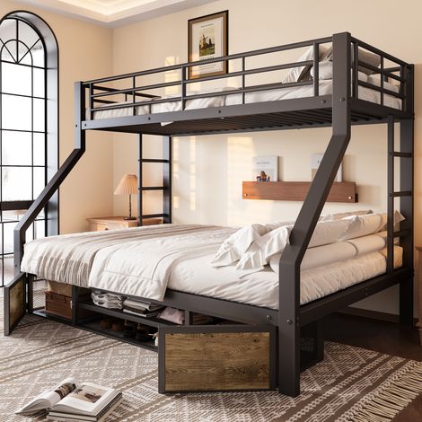 Letto a castello per bambini moderno in metallo nero 90x200 / 140x200 cm con armadietto portascarpe, vani contenitore e scala (1/5)