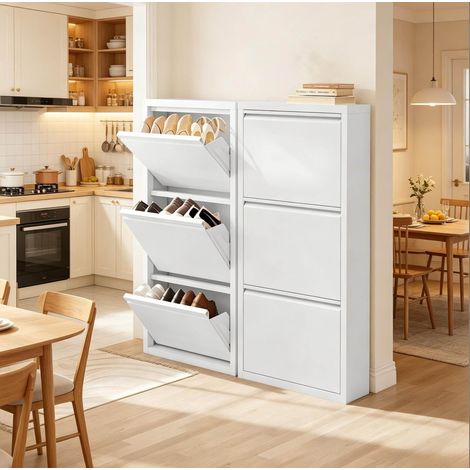 Lote de 2 zapateros estrechos de metal, 3 abatibles, blancos, 50 x 15 x 106 cm OKMYHOME (1/5)